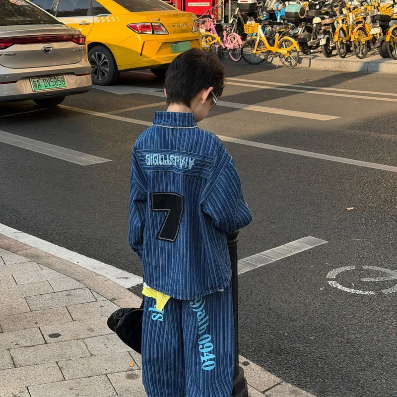 26 Spring Summer New Children Clothes Stripe Wash Denim 2piece Set Boy Long Sleeve Shirt Pants Trousers 2-16 Year Toddler Outfit