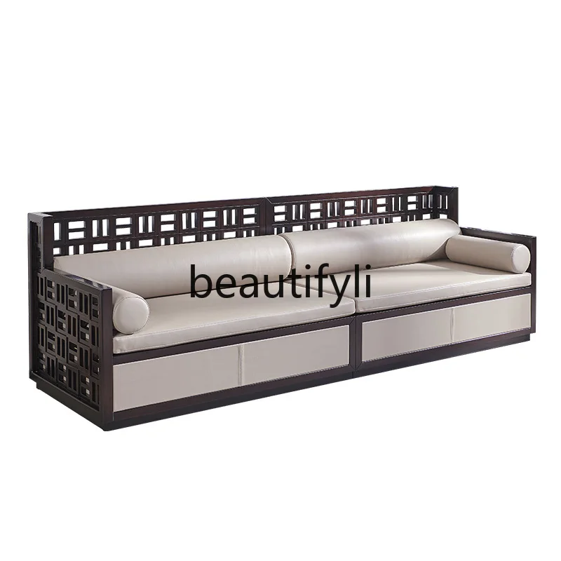 

Modern New Chinese Style Sofa Genuine Leather Combination Light Luxury High-end All Solid Wood Living Room Ebony Furniture