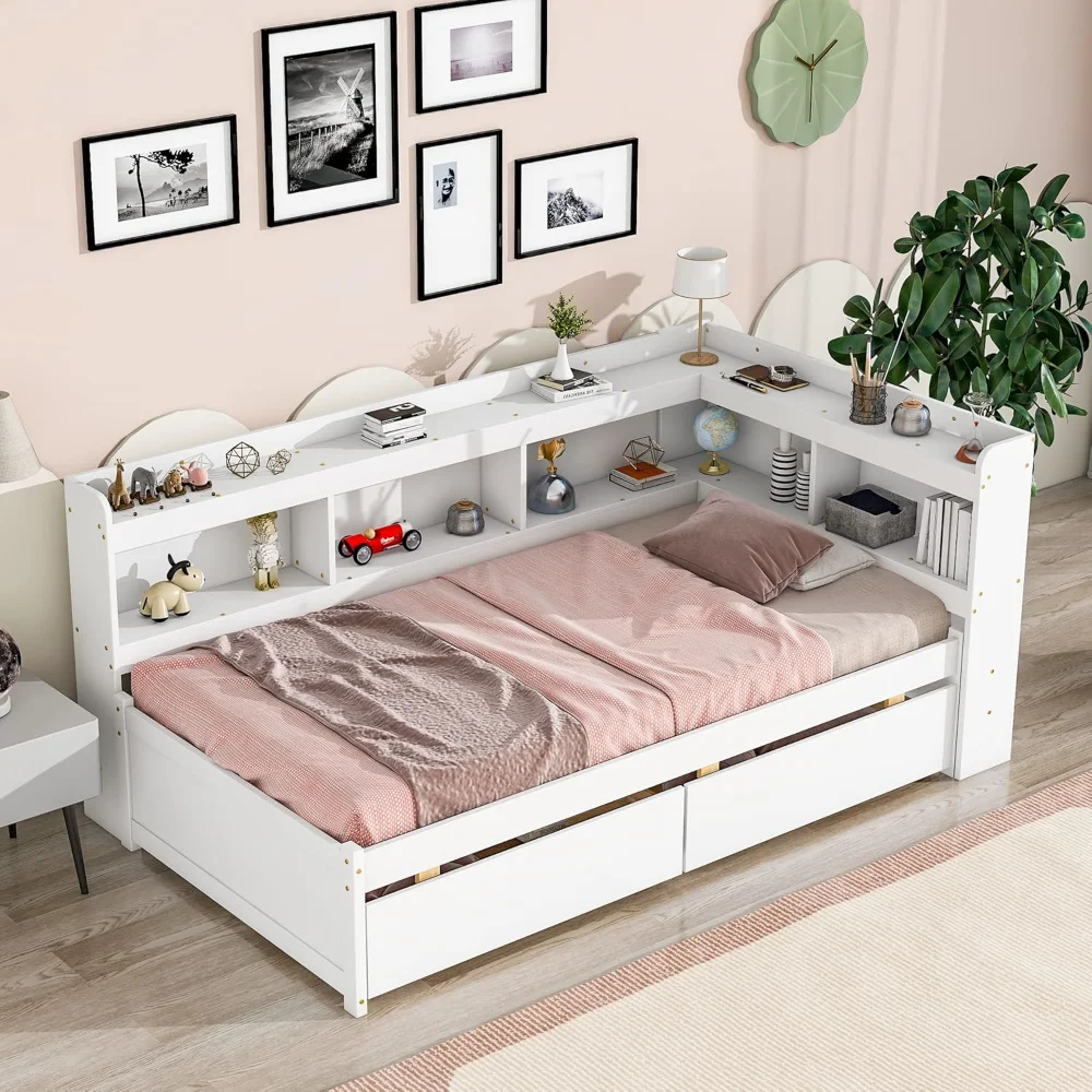 

Twin Size Daybed with Drawers,L-Shaped Corner Unit Platform Bed with Bookcase Headboard,for Kids, White Garden Furniture Sets