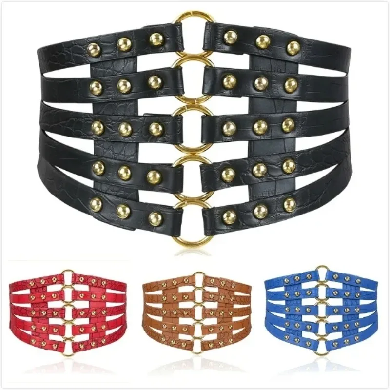 Fashion Self Tie Wide Belts Belt Elastic Slim Corset Body Shaper Black Faux Leather Retro Punk Rivet