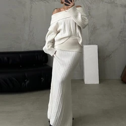 Fashion Slim Winter Outfit Chic Women Long Sleeve One Shoulder Jumpers&Long Skirts Sets Elegant Solid 2Pcs Party Knitted Suit