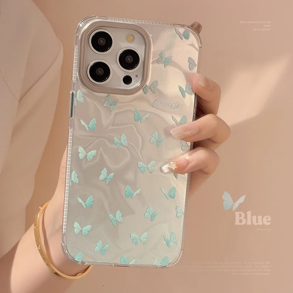 Cartoon blue butterfly ins shell for iphone 12 13 promax 14 15 plus pro max cute protector shockproof relif phone case