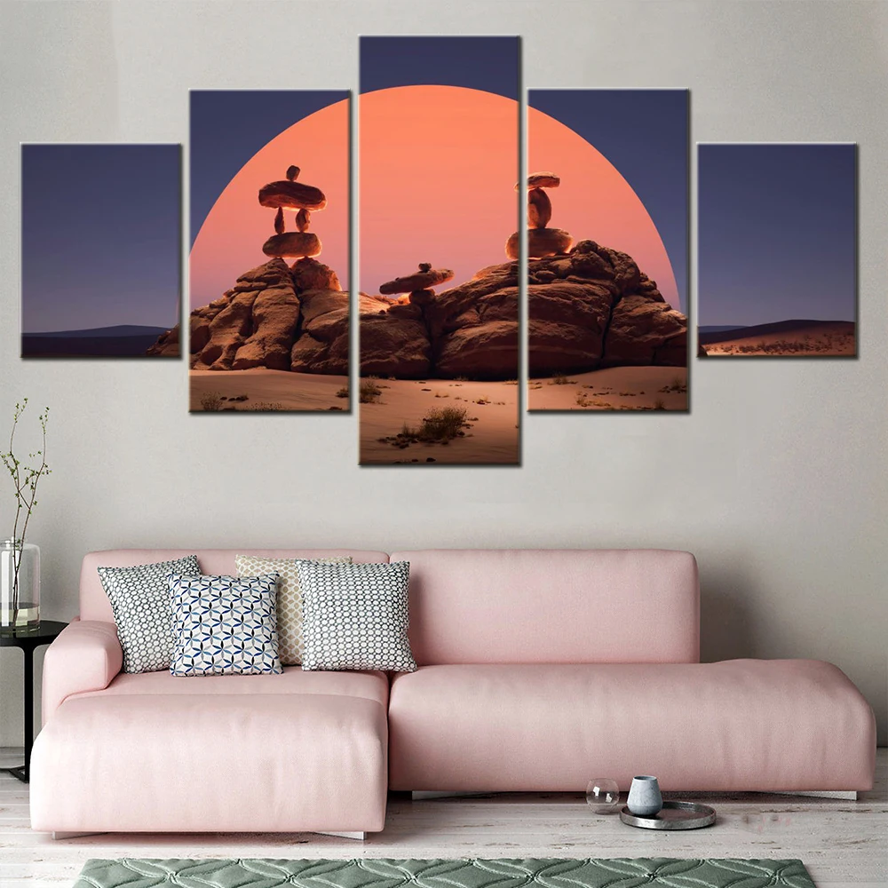 

5 Pieces Canvas Wall Arts Poster Painting Nature Balancing Rocks Sunset Wallpaper Modern Interior Home Decor Picture Print