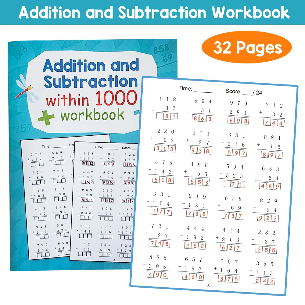 32 Pages Math Addition and Subtraction within1000 Mathematical Operation Exercises Worksheet Practice for kids Primary School