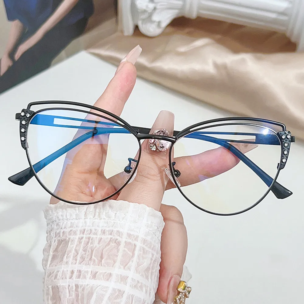 

New Anti Blue Light Blocking Glasses Cat Eye Spectacles Frame Metal For Women Rhinestone Computer Eyewear With Rhinestone