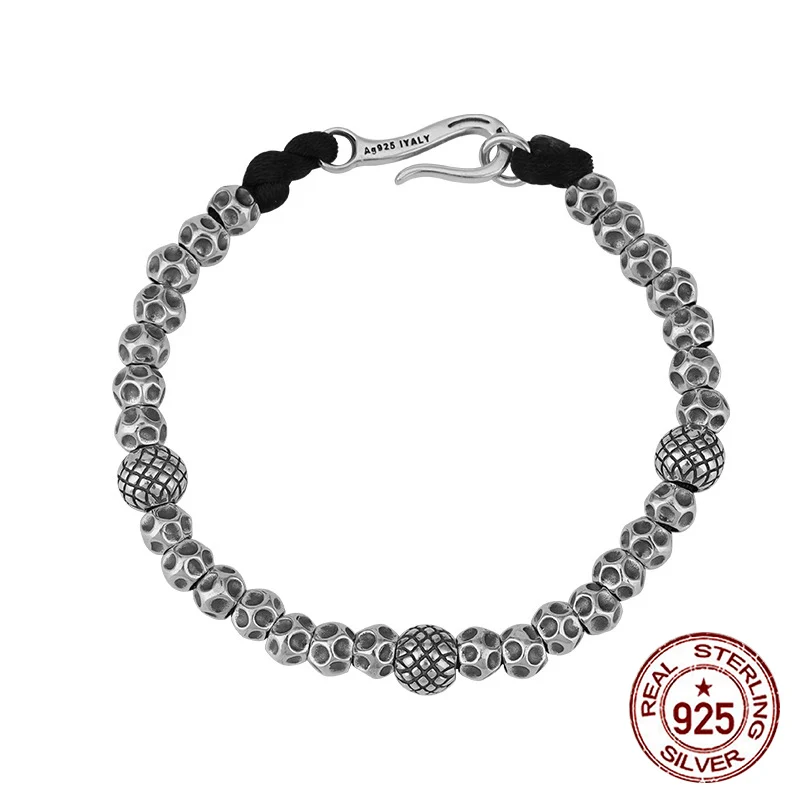 

S925 sterling silver bracelet with a retro style and personality Punk Black Rope Ball Weaving jewelry as a gift for loved