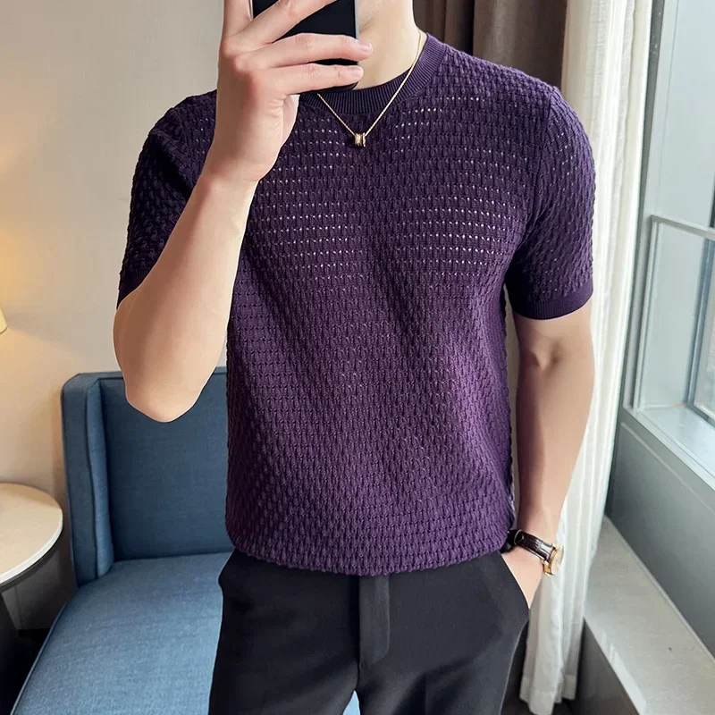 Men T-shirt 2024 Summer New Thin Ice Silk Knitted Hollow Out Round Neck Short Sleeve Elastic Slim Fit T-shirt Men Clothing Top