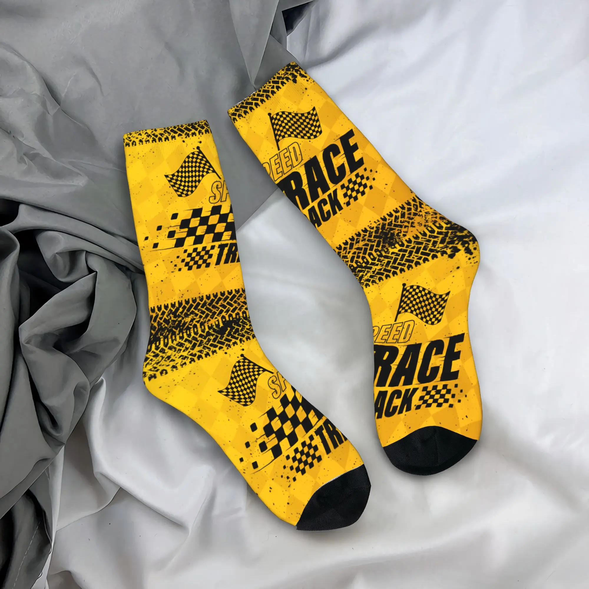 Calcetines de vestir a cuadros personalizados Racing Speed Rally Race para hombre y mujer, calcetines cálidos y divertidos novedosos para Moto Crew