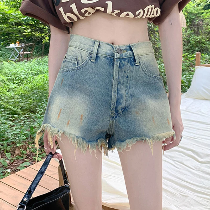 Women's Retro Demin Shorts Y2K Style Fashion Summer High-Rise Casual Pants Sweet Girly High Elastic Hip Warpped Shorts