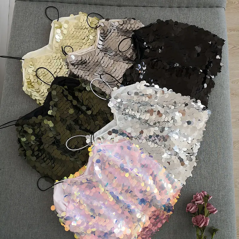 Haut camisole à bretelles à col en V, vêtements de performance sur scène, paillettes scintillantes de Rotterdam, coupe couvertes, rétro américain, sexy, mode estivale, nouveau