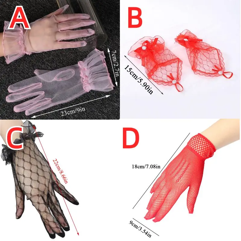 Women Lace Mesh Gloves Summer Sunscreen Full Finger Gloves Short Tulle Etiquette Party Gloves Stretchy Lotus Leaf Sheers Mittens