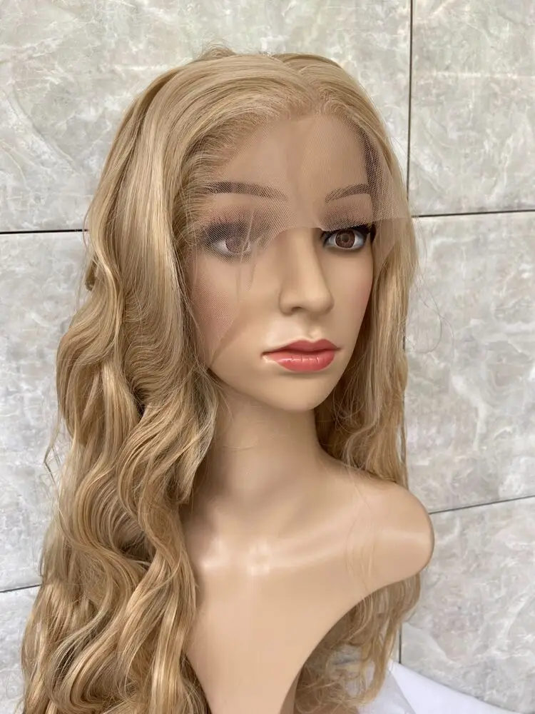 Long Wavy Lace Front Human Hair Blend Heat Blonde Mix Women Wigs