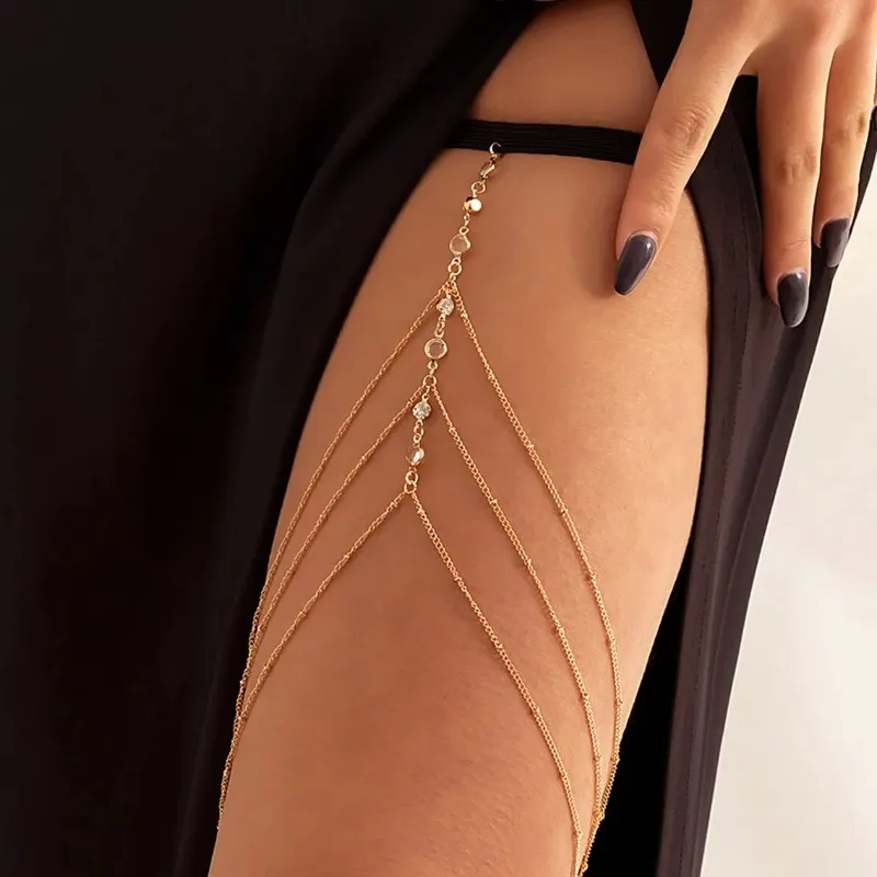 Women Summer Sexy Tassel Multilayer Adjustable Elastic Band Crystal Thigh Chain Body Jewelry Dress Decorate