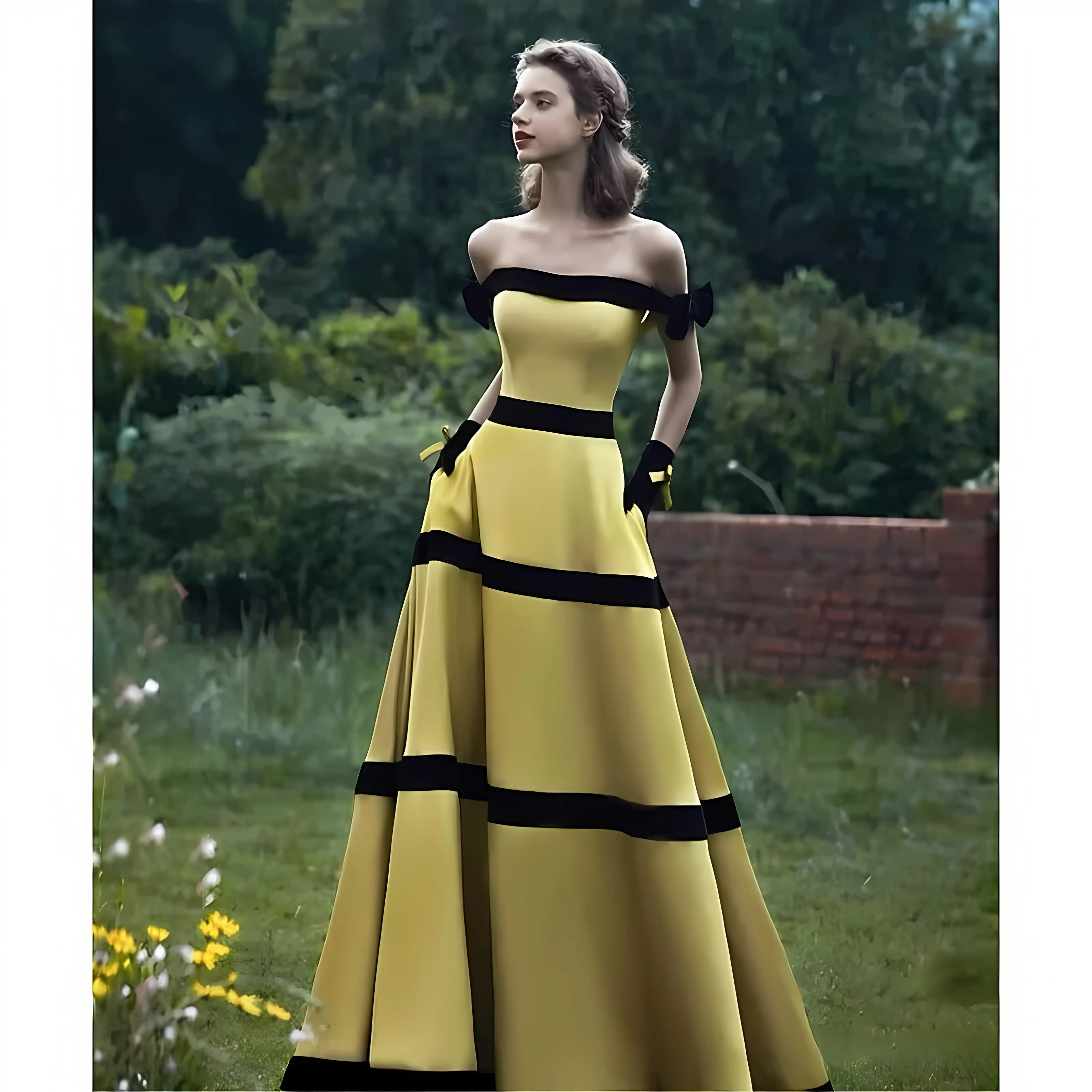 

Elegant Yellow Evening Dresses Black Bow French Luxury Applique Strapless Pleated Toast Banquet Prom Party Gowns robes de soirée