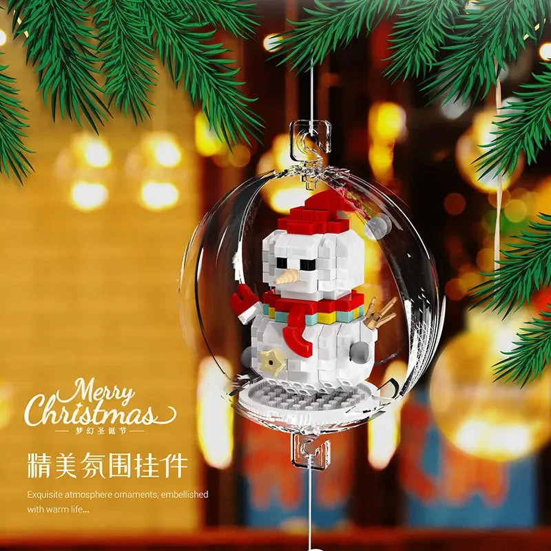 Christmas Tree Decoration Micro Building Blocks Santa Claus Sled House Transparent Ball DIY Assembly Mini Bricks Figure Toys