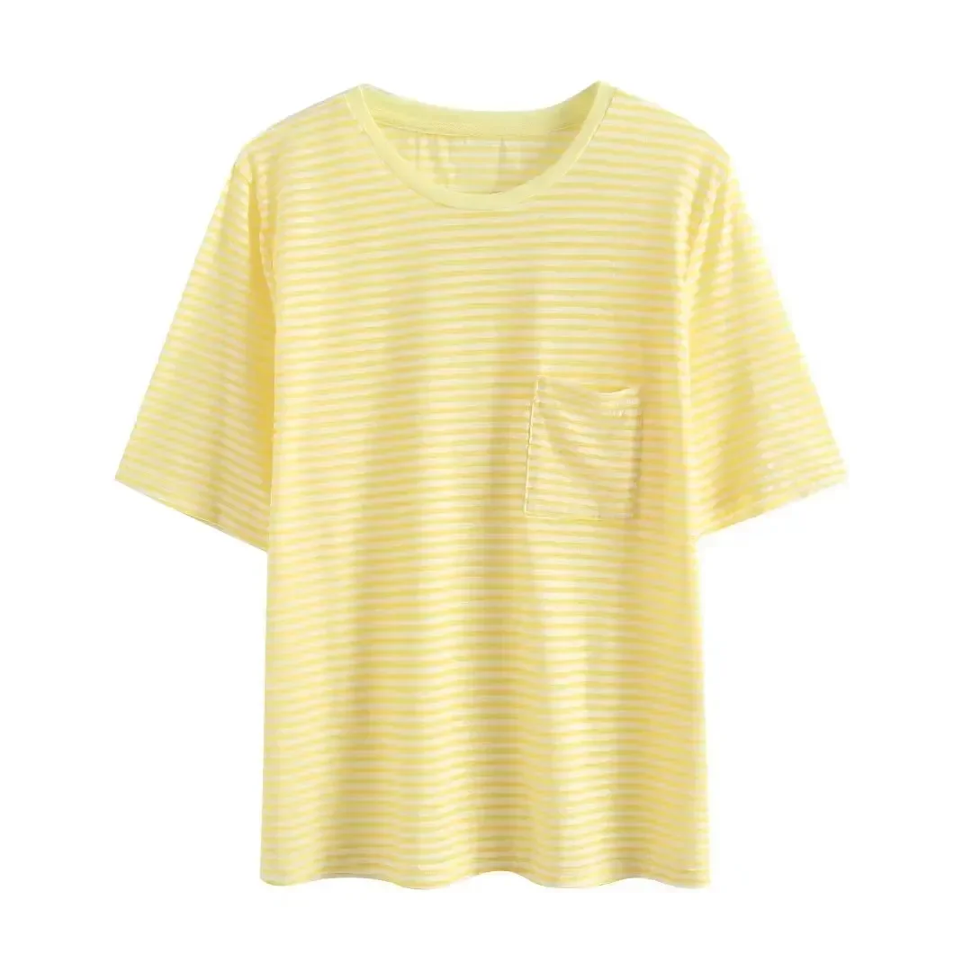 

Women's 2023 Basic Two-color Casual Striped T-shirt With Round Neck and Short Sleeve Retro Pocket Decoration Loose T-shirt Top