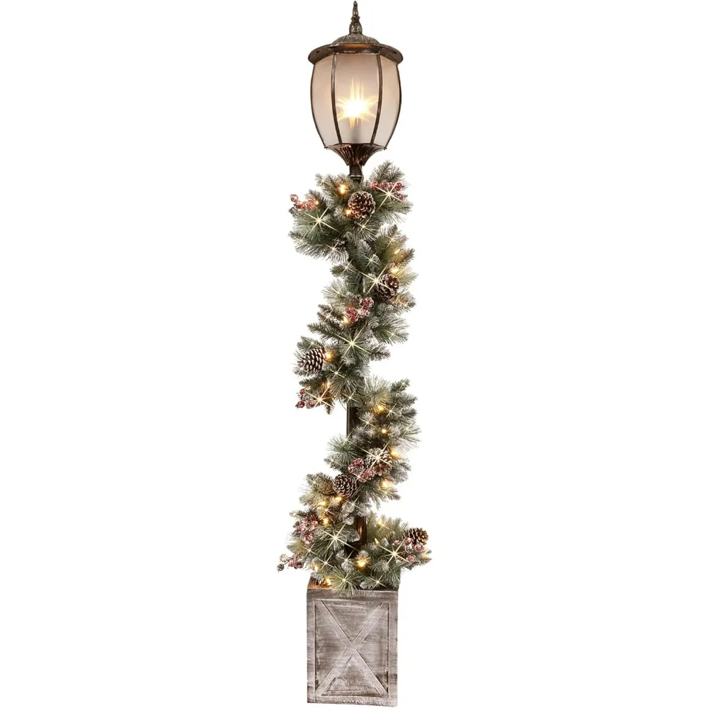 7 Foot Pre-Lit Christmas Lamp Post with Decorated Garland and 50 Fabric, Warm White LED Lights, Portable, Multicolored/Assorted