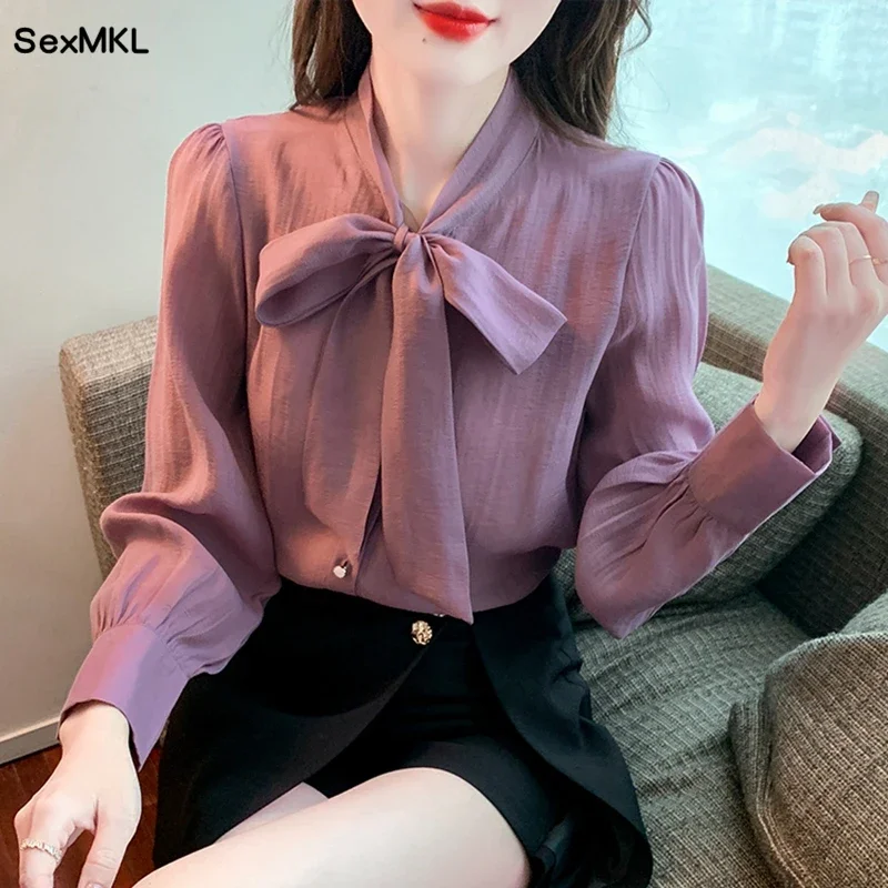 Elegant Chiffon Shirts Women Long Sleeve Retro Blouses Korean Fashion Clothing Casual Blusas Mujer Bow Neck Office Ladies Tops