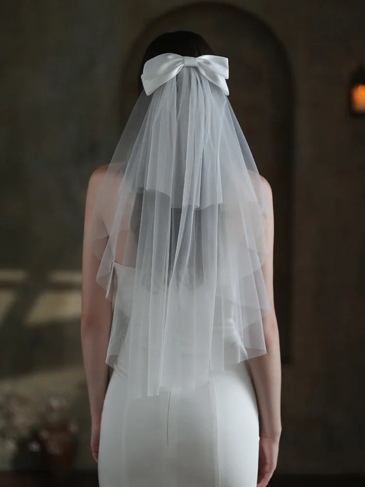 Veli da sposa con fiocco corto bianco semplice per la sposa veli da comunione in Tulle morbido a due strati per accessori per capelli da addio al nubilato