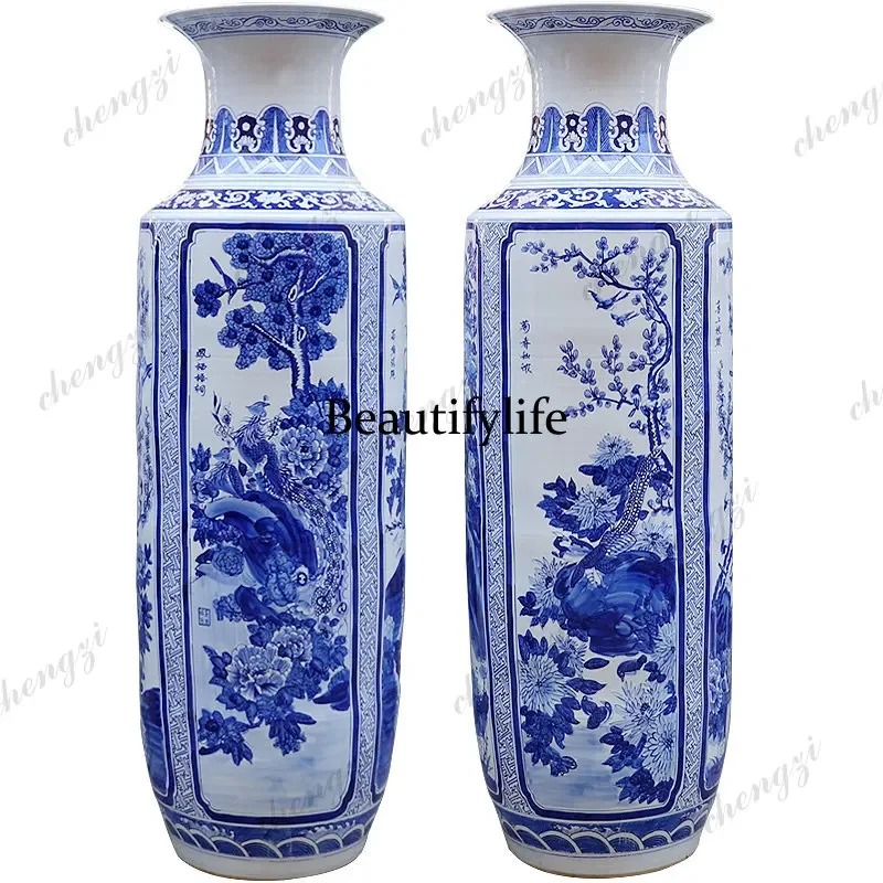 a95 Jingdezhen ceramics, hand-painted blue-and-white bird-and-flower porcelain, floor-standing large vase for living room orname