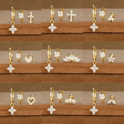 Vintage Gold Color Zircon Flower Pendant Hoop Earrings Set for Women Stainless Steel Fashion Huggies Piercing Jewelry aretes