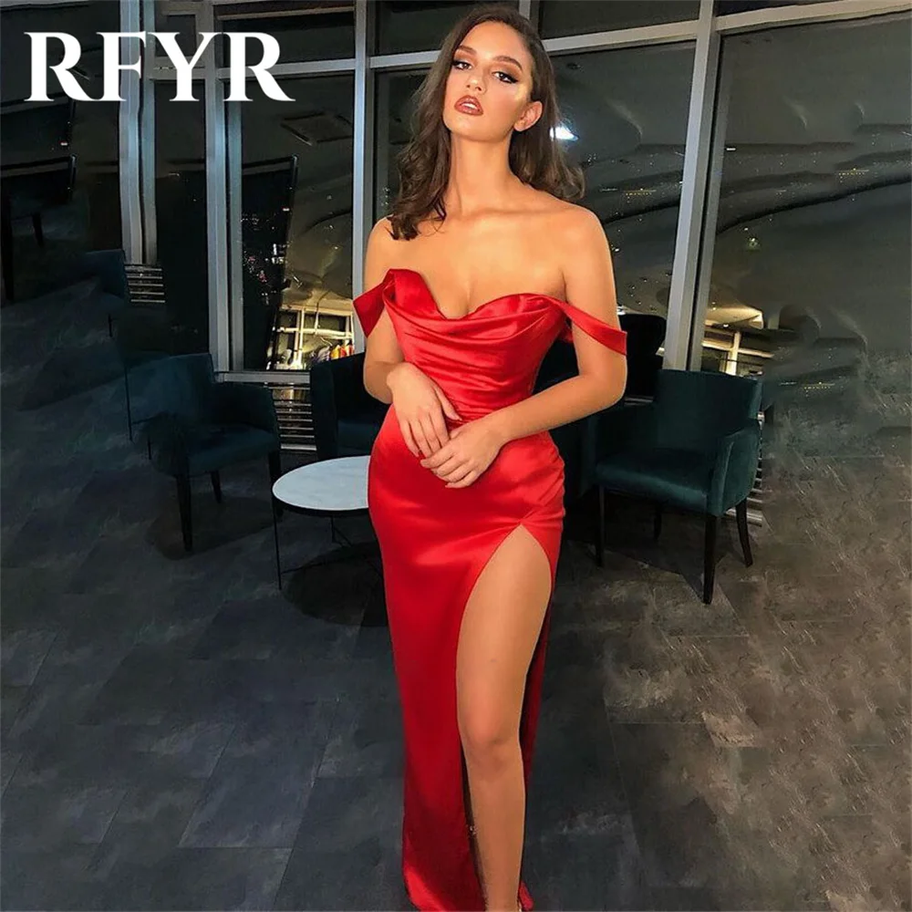 

RFYR Red Scoop Women Evening Dress Simple Off the Shoulder with Pleats Satin Splits Trumpet Prom Formal Gowns Dress Customized