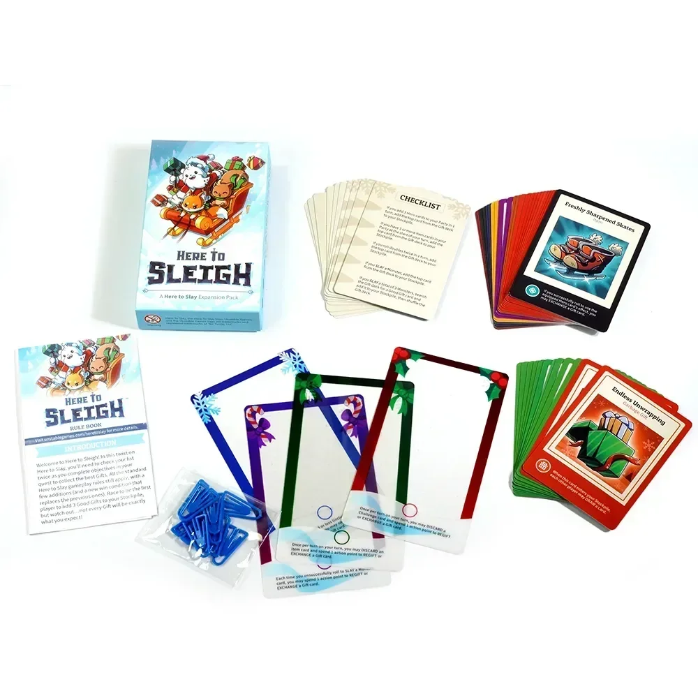 Here to Slay Here to Sleigh Holiday Expansion Pack Strategic role playing card game for kids teens adults 2-6 player