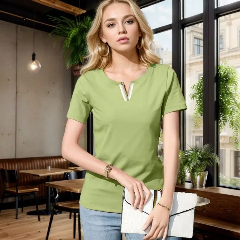 2024 V Neck 100% Cotton T Shirt Women Summer Fashion Short-Sleeve Tops Women Plus Size T-shirt Loose Korean Style Female Blouse