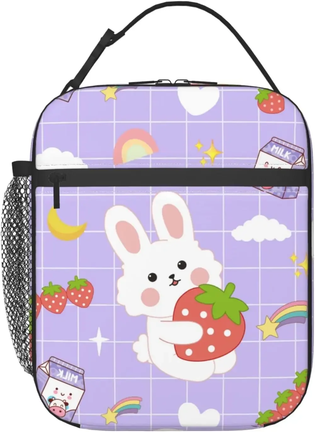 Strawberry Bunny Insulated Purple Lunch Box for Girls Reusable Aesthetics Cooler Tote Lunchbox for School Work Travel Picnic