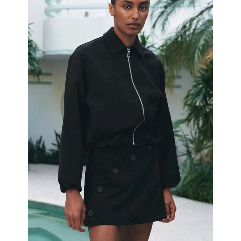 

Spring New Arrival Women's Jaet Simple Sle Long Sve Puffy Hem ort Version Coat Flip Collar Outerwear Polyester Fiber