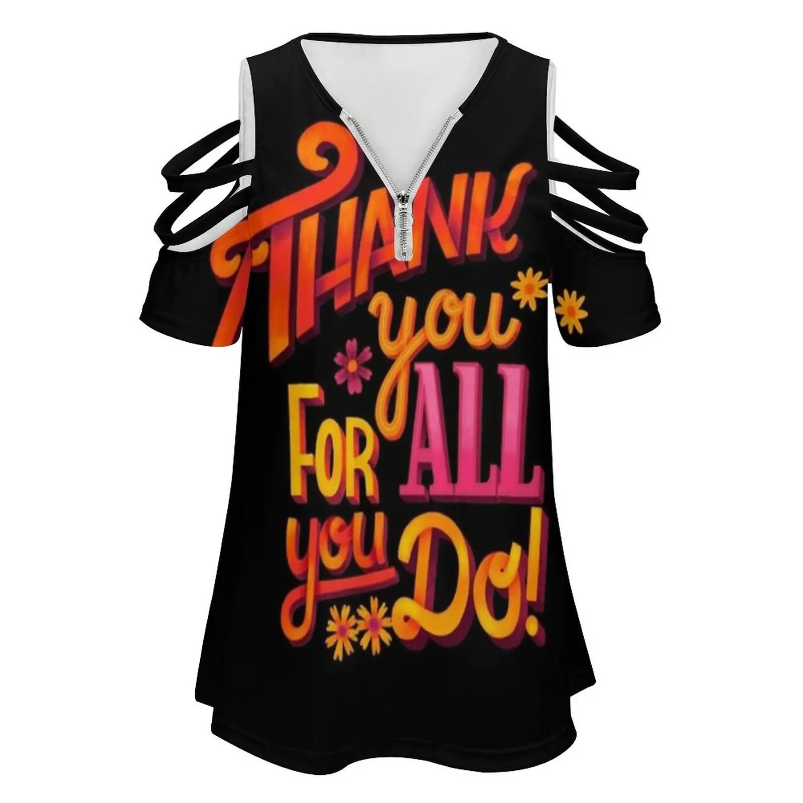 Thank You! New Fashion Zip Off Shoulder Top Short-Sleeve Women Shirt Thank You Gratitude Love Family Friends