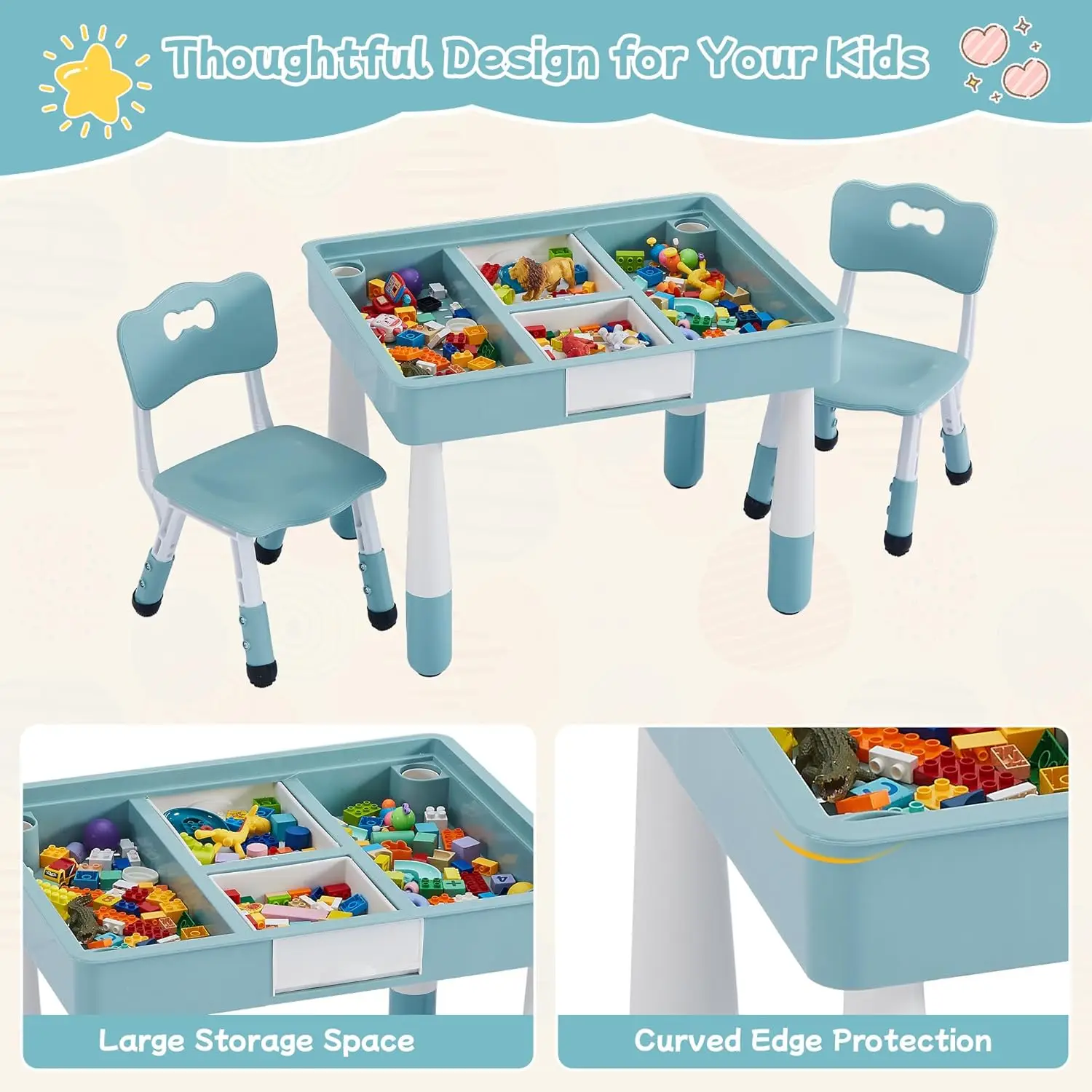 Conjunto de mesa infantil 4 em 1 e 2 cadeiras, conjunto de mesa e cadeira para crianças de 3 a 10 anos, mesa de atividades para blocos de construção/desenho/R