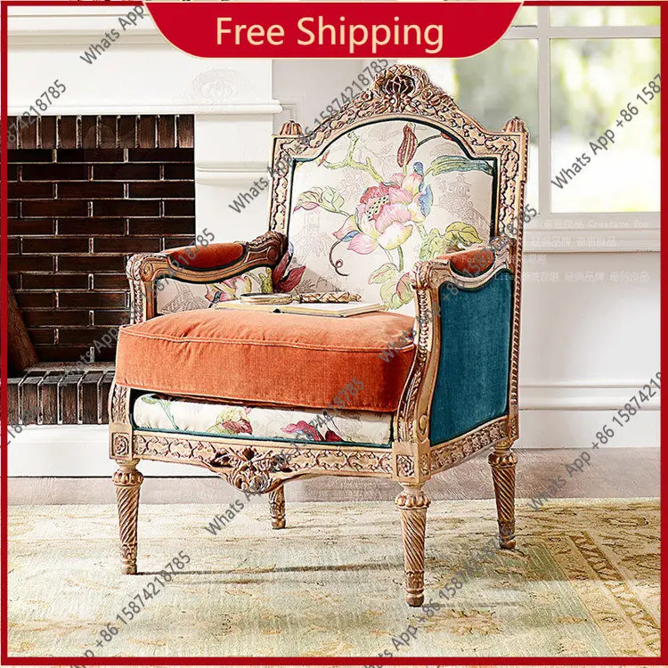 

Американское неоклассическое кресло-софа из массива дерева с резьбой и цветочным узором, одноместное, легкое, роскошное, тканевое, во французском европейском стиле, с высокой спинкой, для отдыха