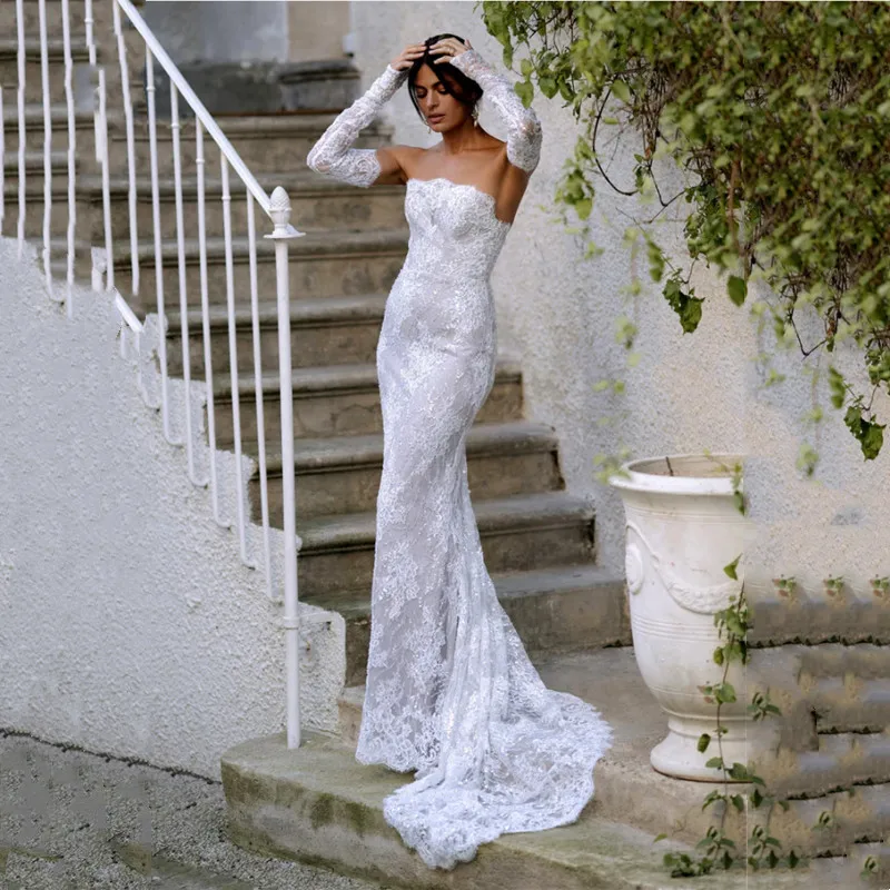 

Винтажное белое кружевное свадебное платье русалки с аппликацией, элегантное, без бретелек, без рукавов, сексуальное, с открытой спиной и застежкой-молнией, со складками и бантом, со шлейфом
