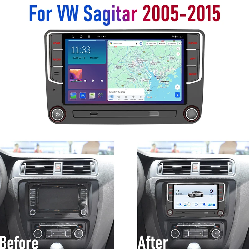 

7'' For VW Sagitar 2005-15 Car Radio 2DIN Android 15 GPS Navi Apple Wireless Carplay Bluetooth FM Stereo Camera Head Unit Canbus