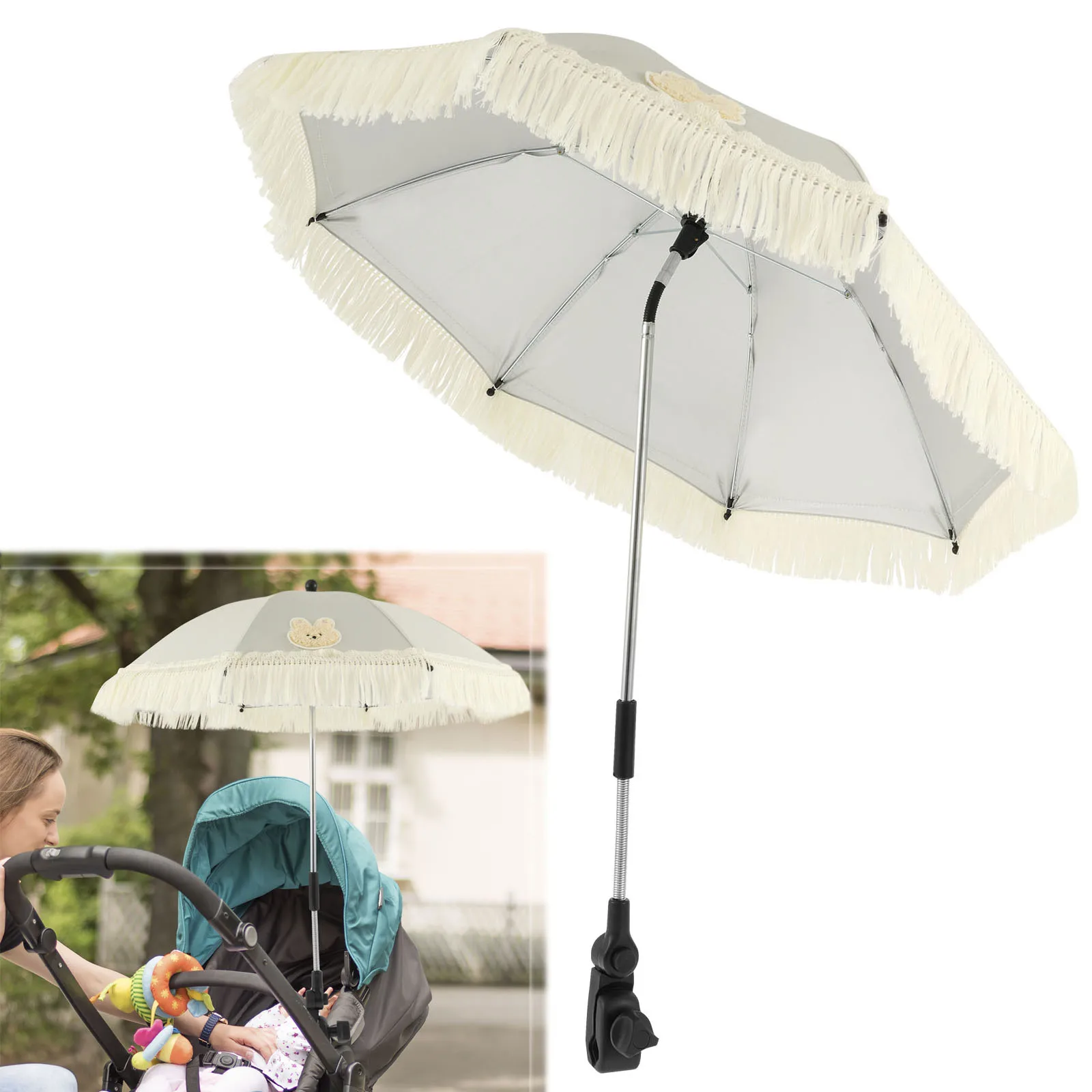 

Baby Stroller Outdoor Parasol UPF40 Adjustable Baby Stroller Umbrella with Tassel Cute Clip On Sunshade Parasol for Pushchair