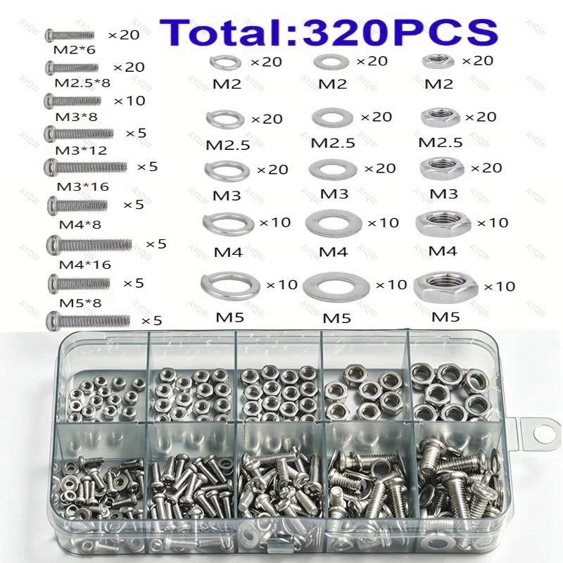 320-piece hex nut and bolt set, M2/M2.5/M3/M4/M5 metric fasteners, stainless steel hex hardware, combination repair bolt and nut kit, multi-specification threaded fasteners, assembly components for furniture and electronic equipment, home and industrial repair hardware, DIY handcraft fastening kit