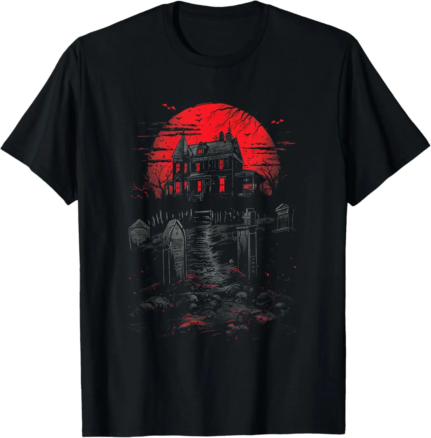 Haunted Gothic House Old Cemetery Horror Halloween T-Shirt