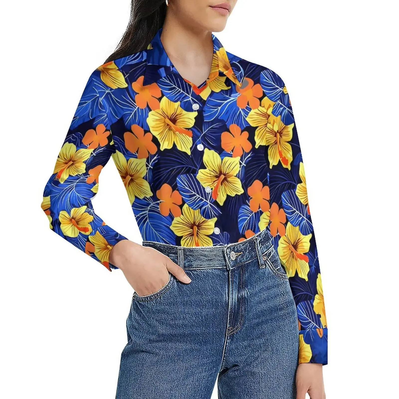 Tropical Flower Blouse For Womens Spring Autumn Long Sleeve Lapel Fashion Shirt Blouses Womens Street Wear Shirts Office Ladies