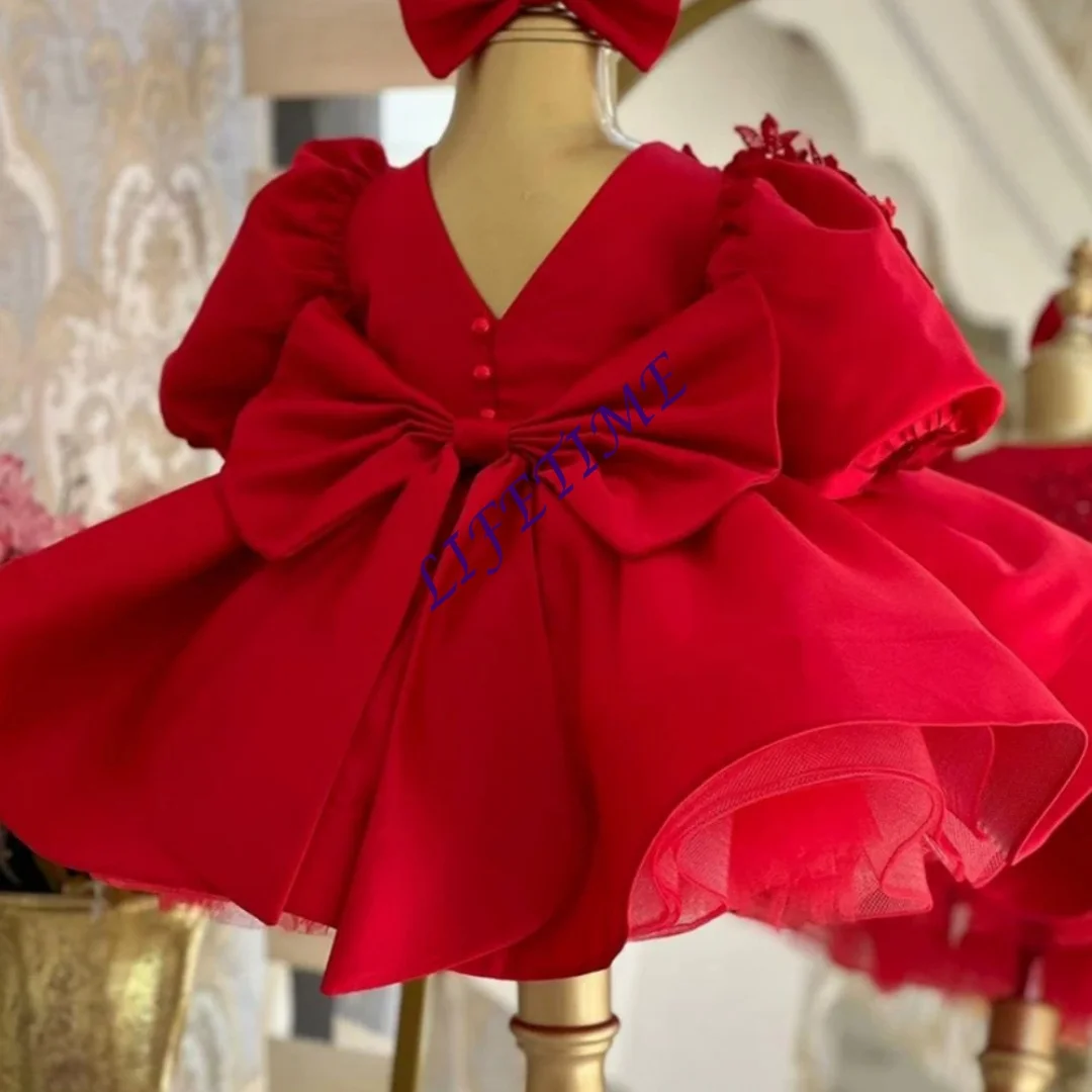 

CustomizedLuxury Red Tulle Puffy Kids Dresses For Party Lace Appliques Wedding Flower Girl Dress Customized Princess Ball Gown P