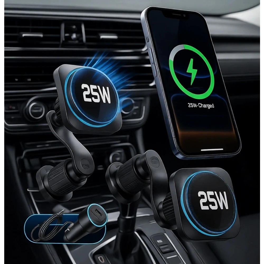 

Автомобильное зарядное устройство MagSafe с сертификацией Qi2, 25 Вт, с охлаждающим вентилятором, вращающееся на 360°, магнитное крепление для телефона на воздуховод