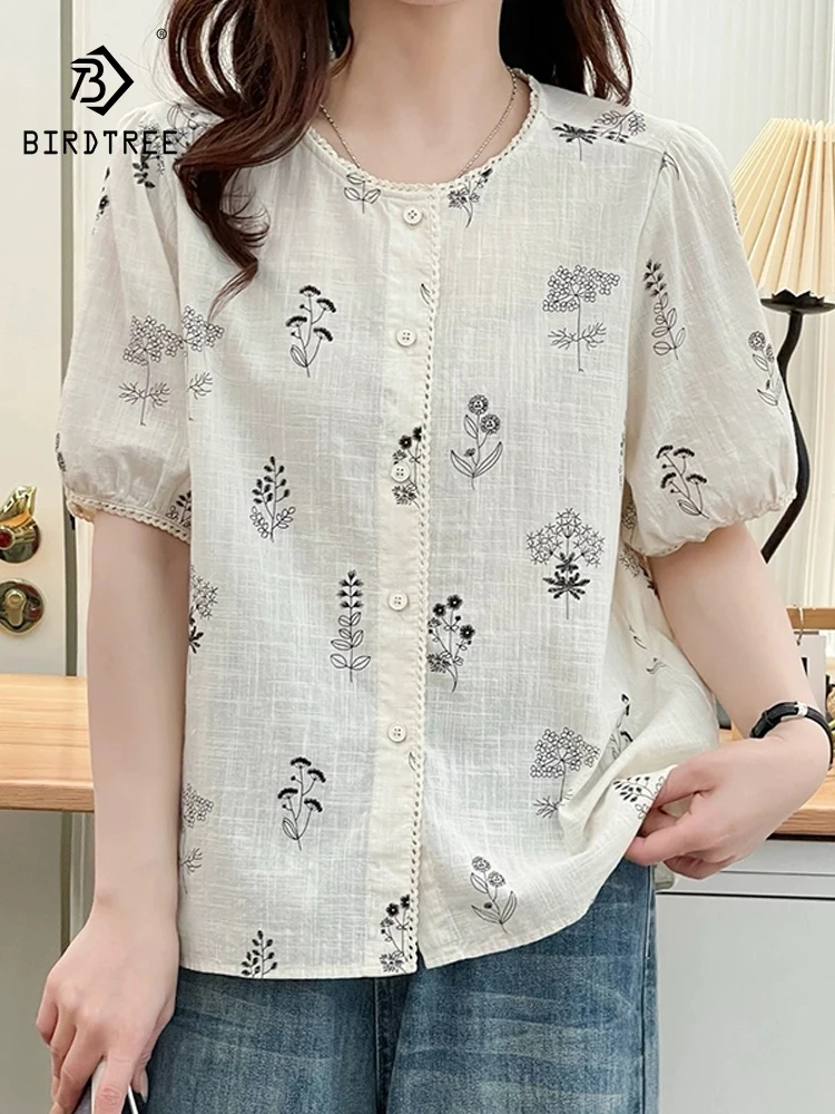 

New 2025 Summer Cotton Short Sleeve Shirt, Women O Neck Leaf Print, Mori Girl Retro Temperament Casual Loose Blouse T56450CC