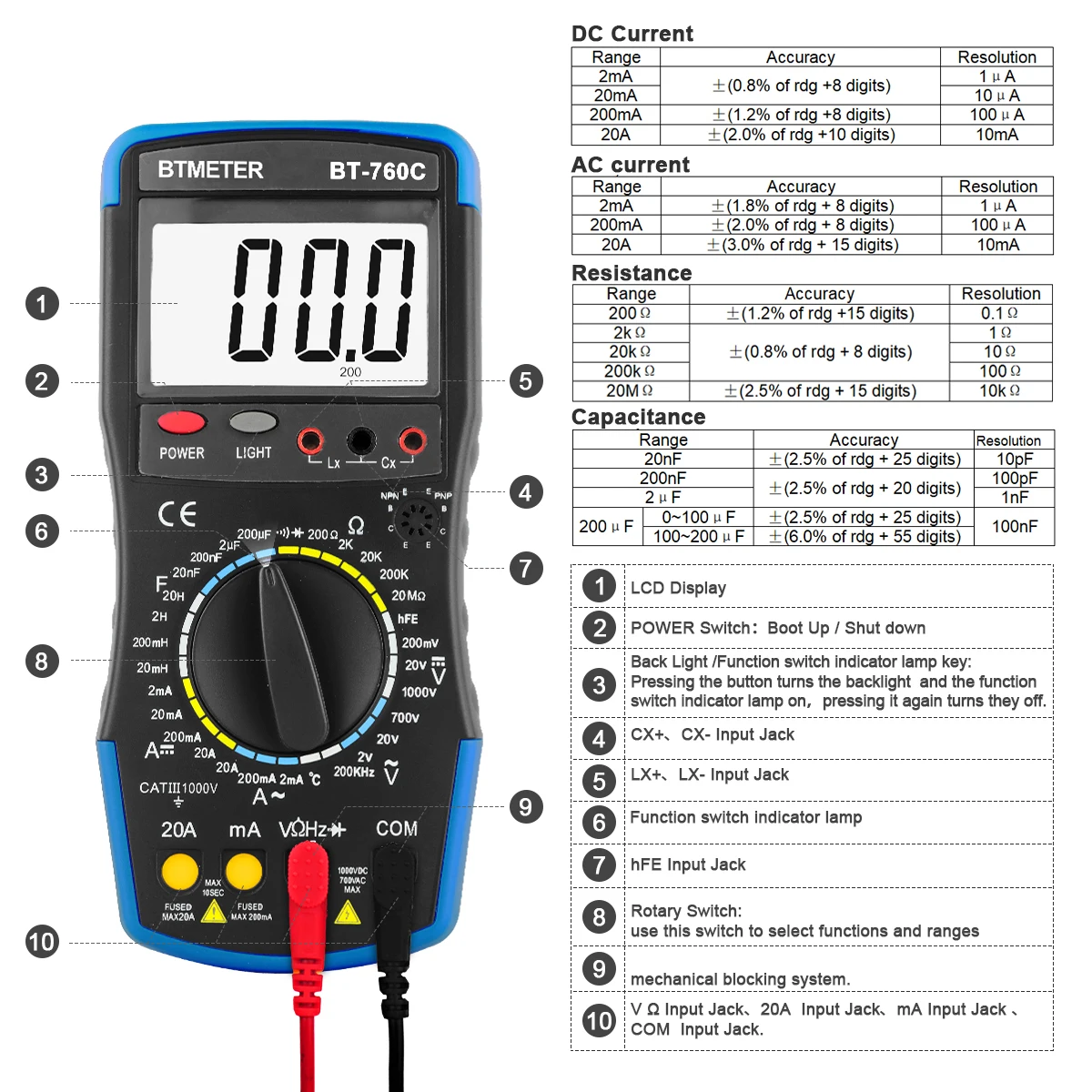 BT-760C Digital Multimeter Capacity Inductance DC/AC Voltage Test Temperature DC/AC voltage,DC/AC current,resistance,capacitance