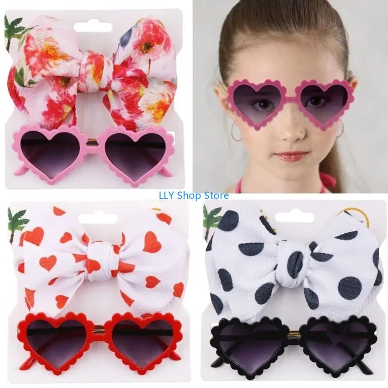 

T8UD Small Girls Sunglasses Baby Girls Hearted-shaped Sunglasses with Bow Headband