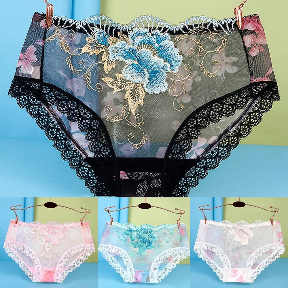 Mais tamanho calcinha feminina sexy rendas sem costura roupa interior flores bordados pele-friendly transparente cuecas do vintage lingerie feminina