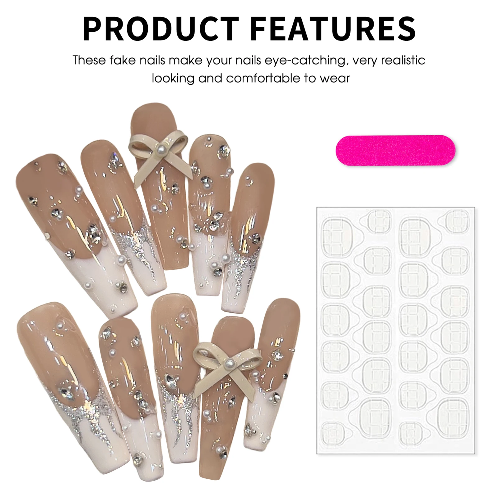 10st T-vorm Franse Tip Handgemaakte Kunstnagels met 3D Strik Strass Glitter DIY Nail Art Kit voor Vrouwen Meisjes Manicure Kit