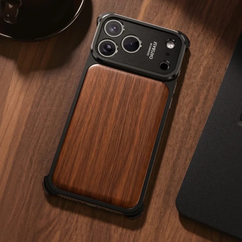 

Деревянный чехол Oatsbasf для iPhone 17 Pro Max/17 Pro, чехол для телефона Magsafe, безрамная беспроводная зарядка, противоударная защита военного класса