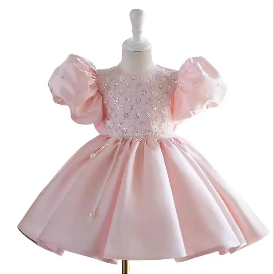 

Pink Satin Flower Girls Dresses Puff Short Sleeves Sequined Vestido De Novia Kids Ball Gown Birthday Party Dress Customized