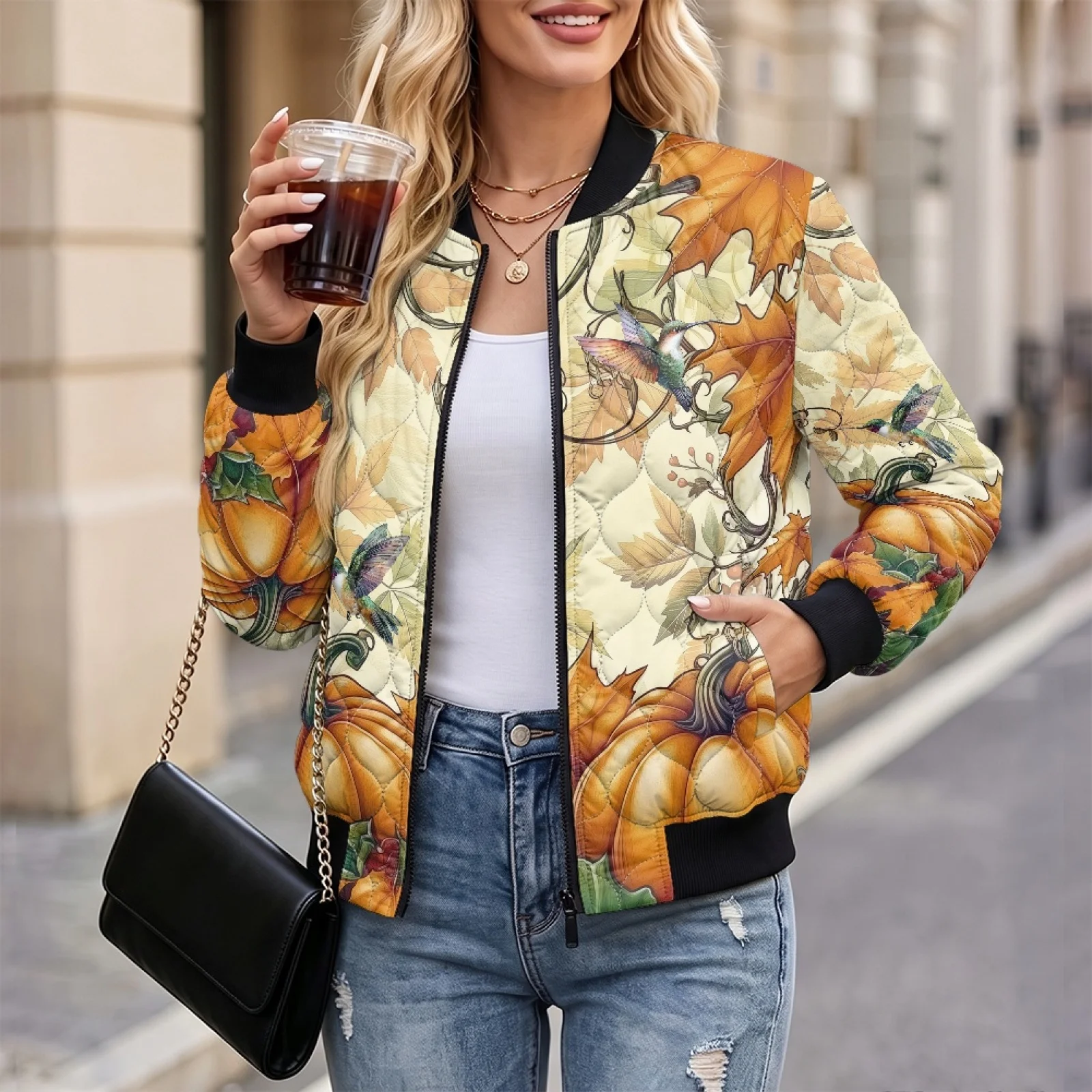 PENSTROLL Pumpkin Womens Long Sleeve Quilted Padded Zip Bomber Outerwear Water-Resistant Quilted Winter Coat for Commuting