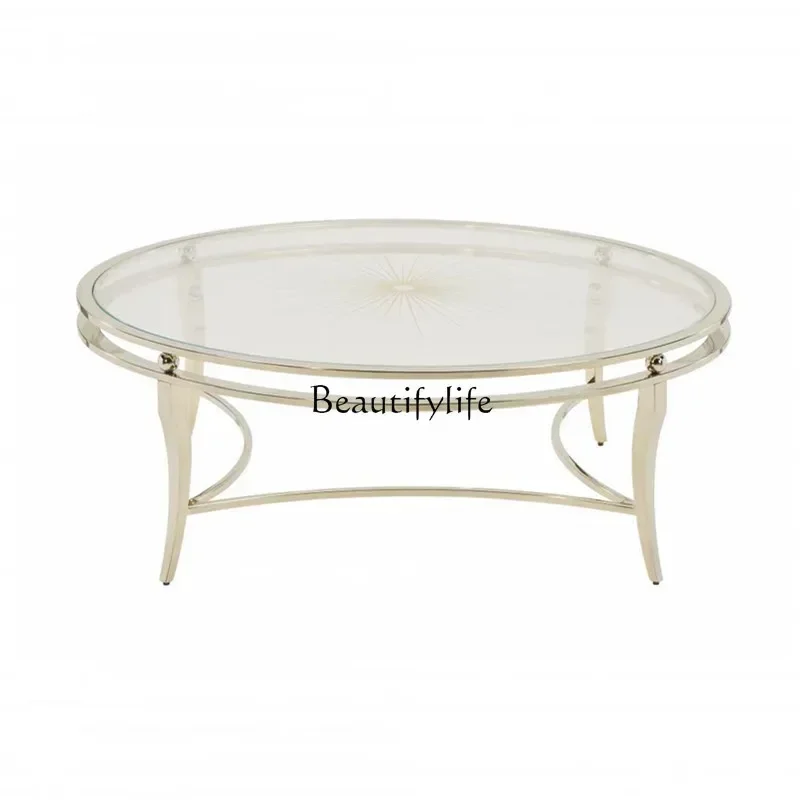LS 04 طاولة قهوة أمريكية فاخرة خفيفة لغرفة المعيشة طاولة شاي مستديرة من الزجاج المقاوم للصدأ